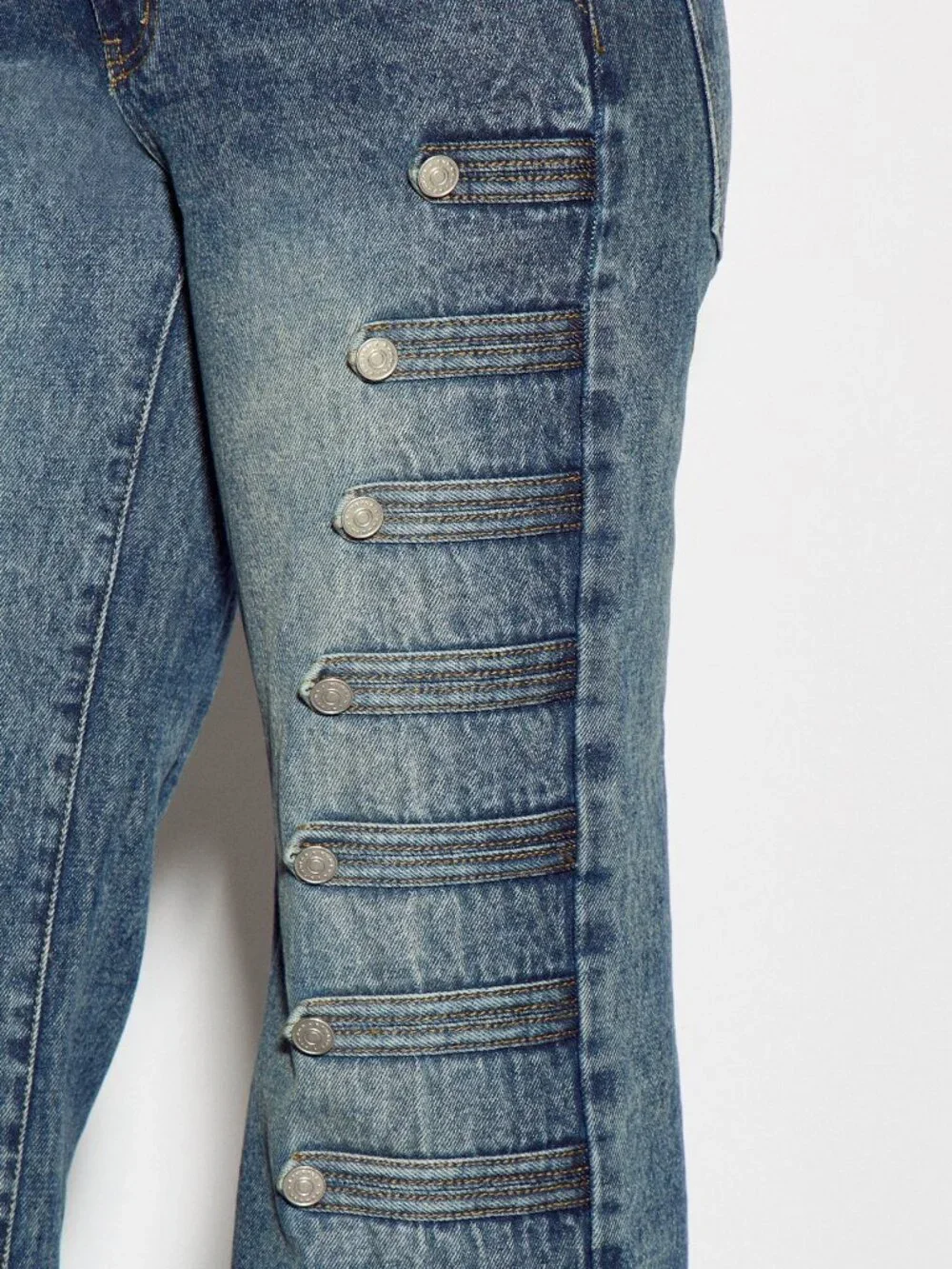 Blue Casual Women's Wide Flared Denim Jeans With Side Button Detail